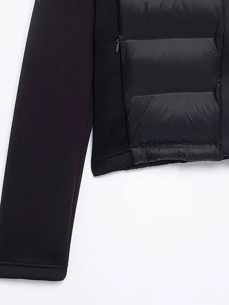 Hooded Patchwork Padded Jacket Coat with Pockets for Women, Long Sleeve, Front Zipper, Female Outerwear, Chic Tops, Fashion