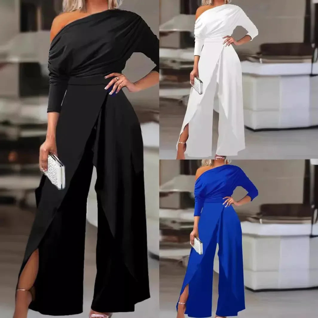 New Flat Elegant Office Women's Loose Ruffle Cold Shoulder Split Wide Leg jumpsuit Single Shoulder Formal Elegant Party jumpsuit