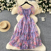 Elegant Slash Neck Vintage Short Puff Sleeve Chic Print Slim Chiffon Dresses French High Street Evening Autumn Mesh Clothing