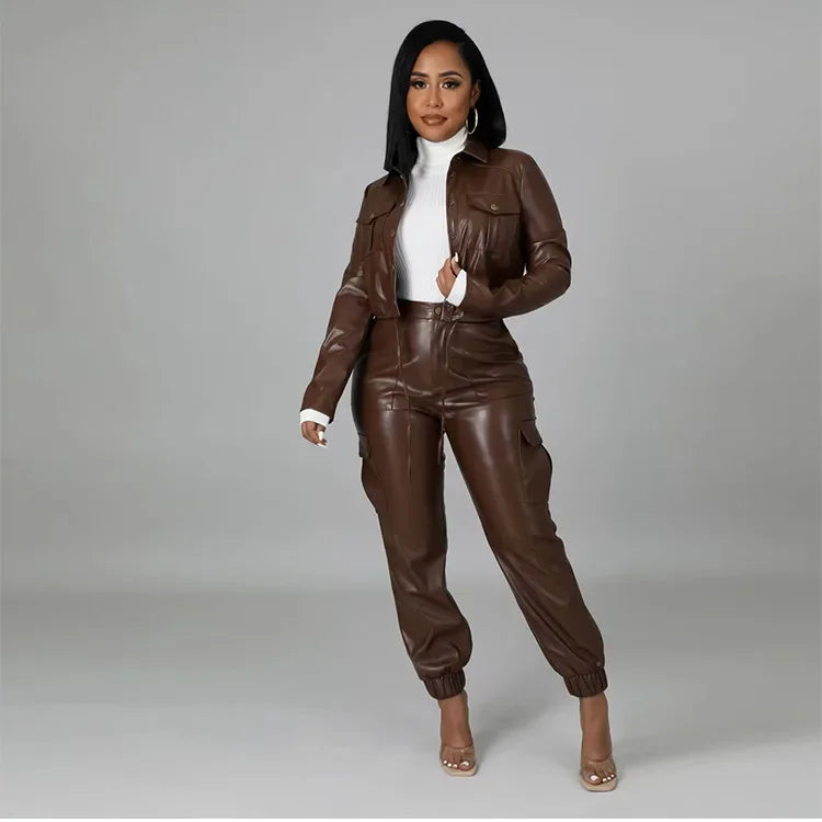 Women Pants Sets Two Piece Long Sleeve Cardigan Hidden Breasted Solid Zipper Fly Pencil Pants Slim Fit High Street Pockets