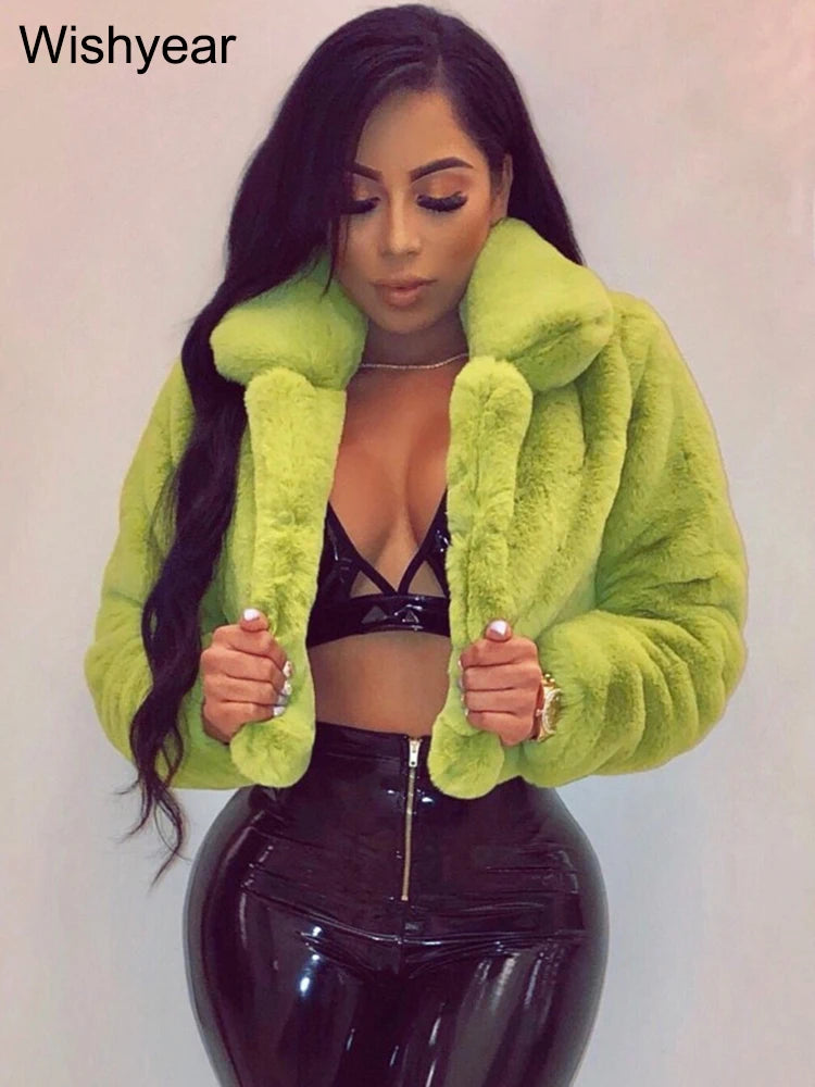 Fashion Faux Fur Open Stitch Lapel Crop Jackets Women Clothing Autumn Winter Solid Long Sleeve Warm Furry Fluffy Coat Outer Wear