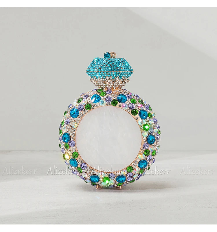 Alizekerr Perfume Bottle Shaped Crystal Evening Bags Women Gorgeous Classy Rhinestone Round Metal Clutch Purses Wedding Party