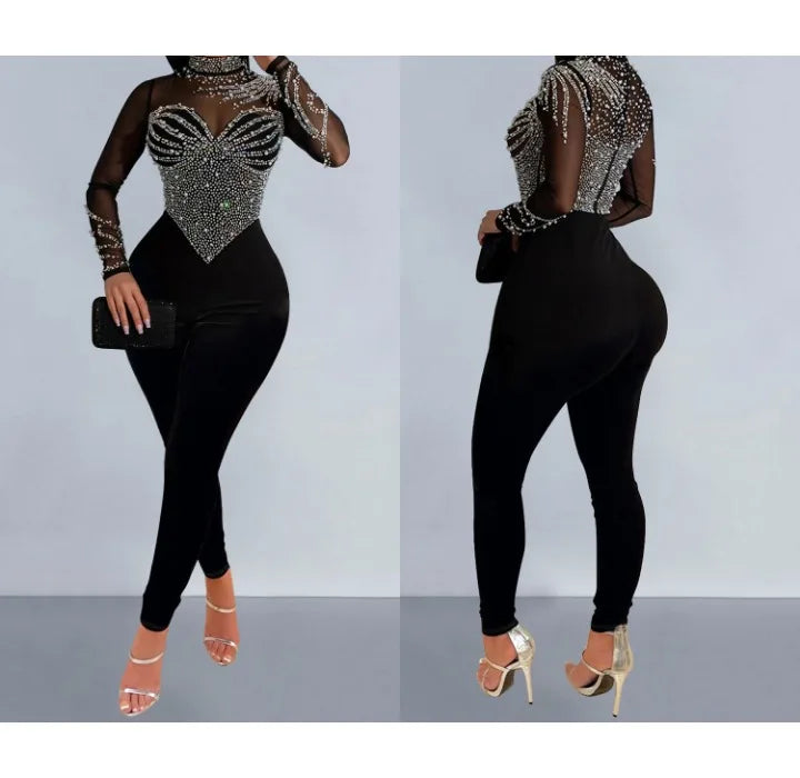 Elegant Women Jumpsuit Streetwear 2024 Spring Fashion Versatile Casual Solid Color Hot Diamond Long Sleeve Jump Suits for Female
