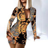 Sexy Long Sleeve Bodycon Mini Dress Women Autumn 2023 Fashion Deep V Neck Print Club Outfits Party Dresses Casual Robe Femme
