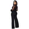 Fashion Women's Clothing Hollow Long-sleeved Loose Wide Leg Jumpsuits Overall Pants Solid Color Sexy Lace