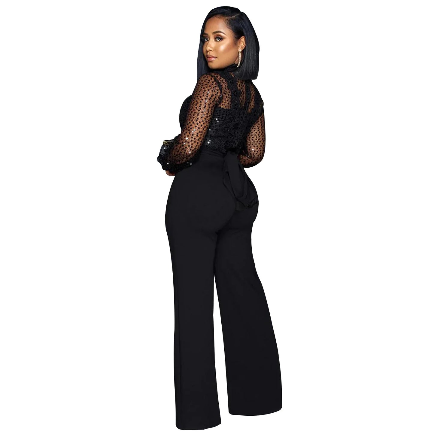 Fashion Women's Clothing Hollow Long-sleeved Loose Wide Leg Jumpsuits Overall Pants Solid Color Sexy Lace