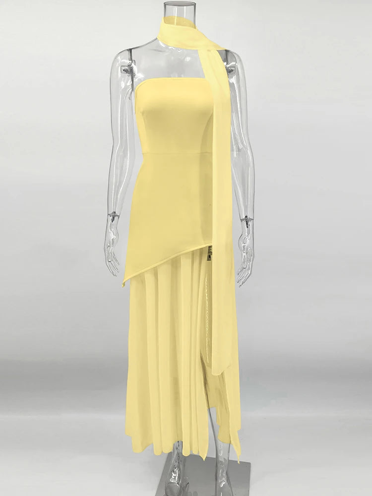 TARUXY Fashion Strapless Dress With Ribbon Female Elegant Sleeveless Mesh Beach Vacation Long Dress 2025 Spring New Women Dress