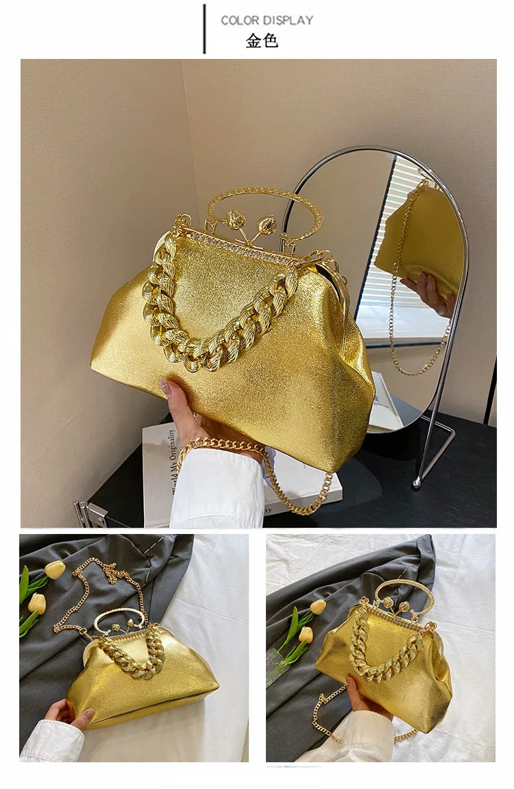 2024 Luxury Women Gold Green Chain Messenger Bags PU Leather Shoulder Bags Shell Clip Designer Handbag And Purse Wedding Clutch