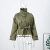 Fashion Belt Short Trench Coat Women Stand Collar Double Breasted Pocket Long Sleeve Coats 2025 Autumn Lady Commute Chic Outwear