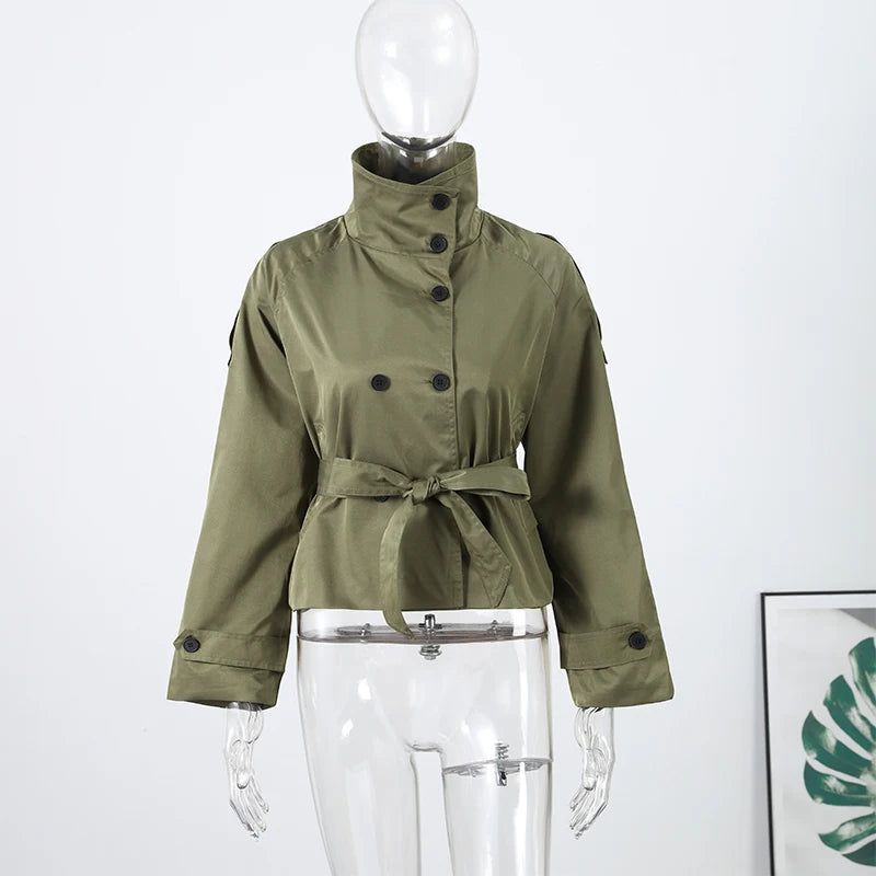Fashion Belt Short Trench Coat Women Stand Collar Double Breasted Pocket Long Sleeve Coats 2025 Autumn Lady Commute Chic Outwear