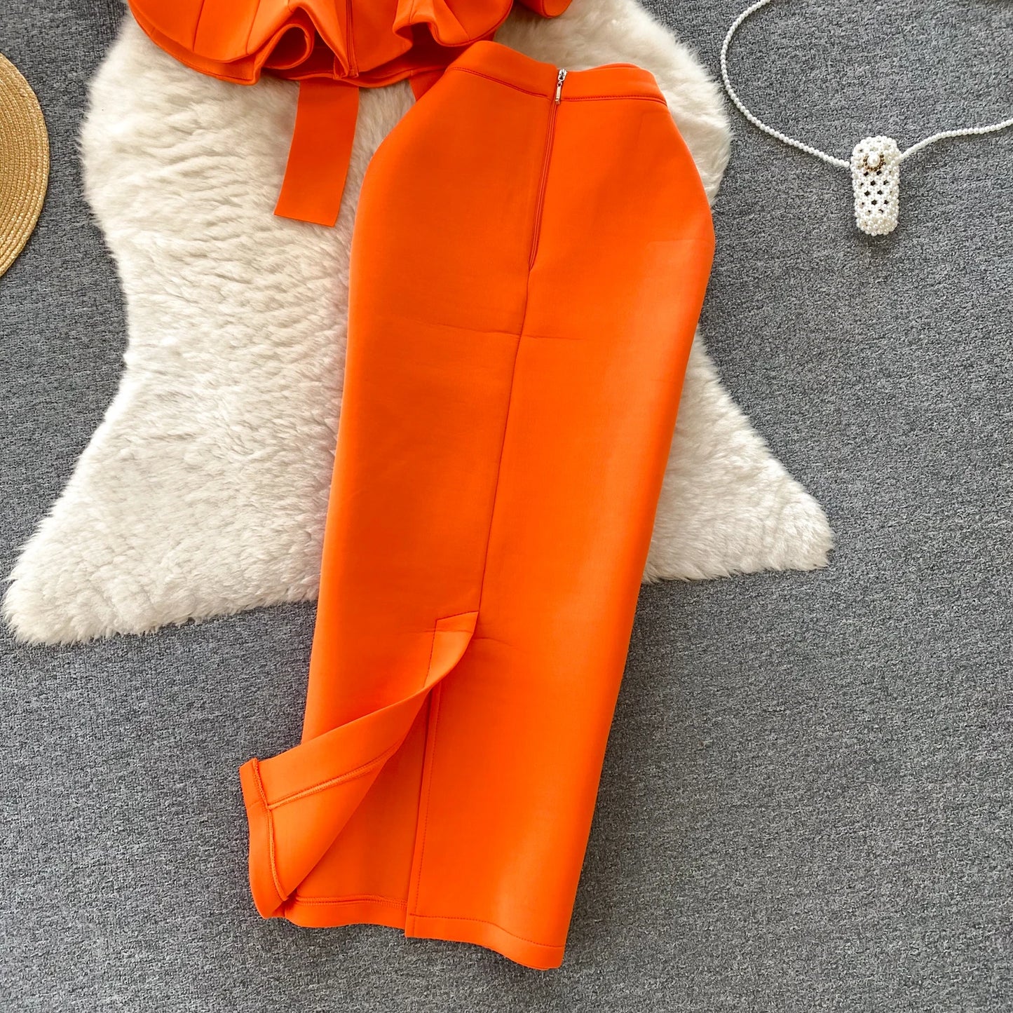 Women Vintage Two Pieces Skirt Sets Women Long Sleeve Sexy Slash Neck Bandage Ruffle Blouse Top and High Waist  Hip Wrap Skirt