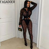 FAGADOER Sexy Mesh Women 2 Piece Set Outfit See Through Long Sleeves Crop Top + Skiny Pants Suits Female Streetwear Clothing New