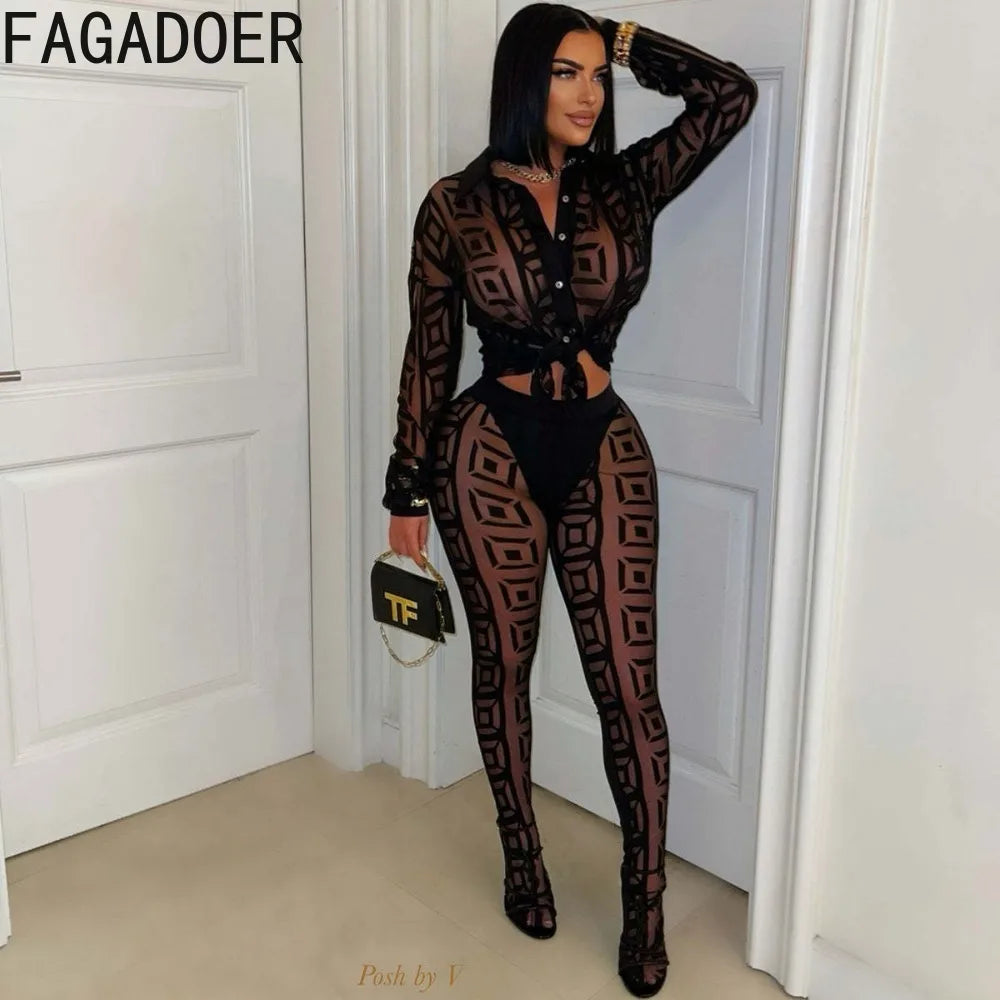 FAGADOER Sexy Mesh Women 2 Piece Set Outfit See Through Long Sleeves Crop Top + Skiny Pants Suits Female Streetwear Clothing New