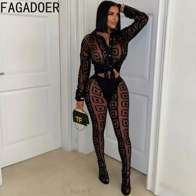 FAGADOER Sexy Mesh Women 2 Piece Set Outfit See Through Long Sleeves Crop Top + Skiny Pants Suits Female Streetwear Clothing New