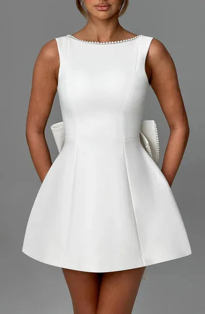 Elegant Pearl Bow Backless Short Dress Women's Sleeveless Party Cute Mini Dresses Black White Pink Chic Birthday Evening Y2K New