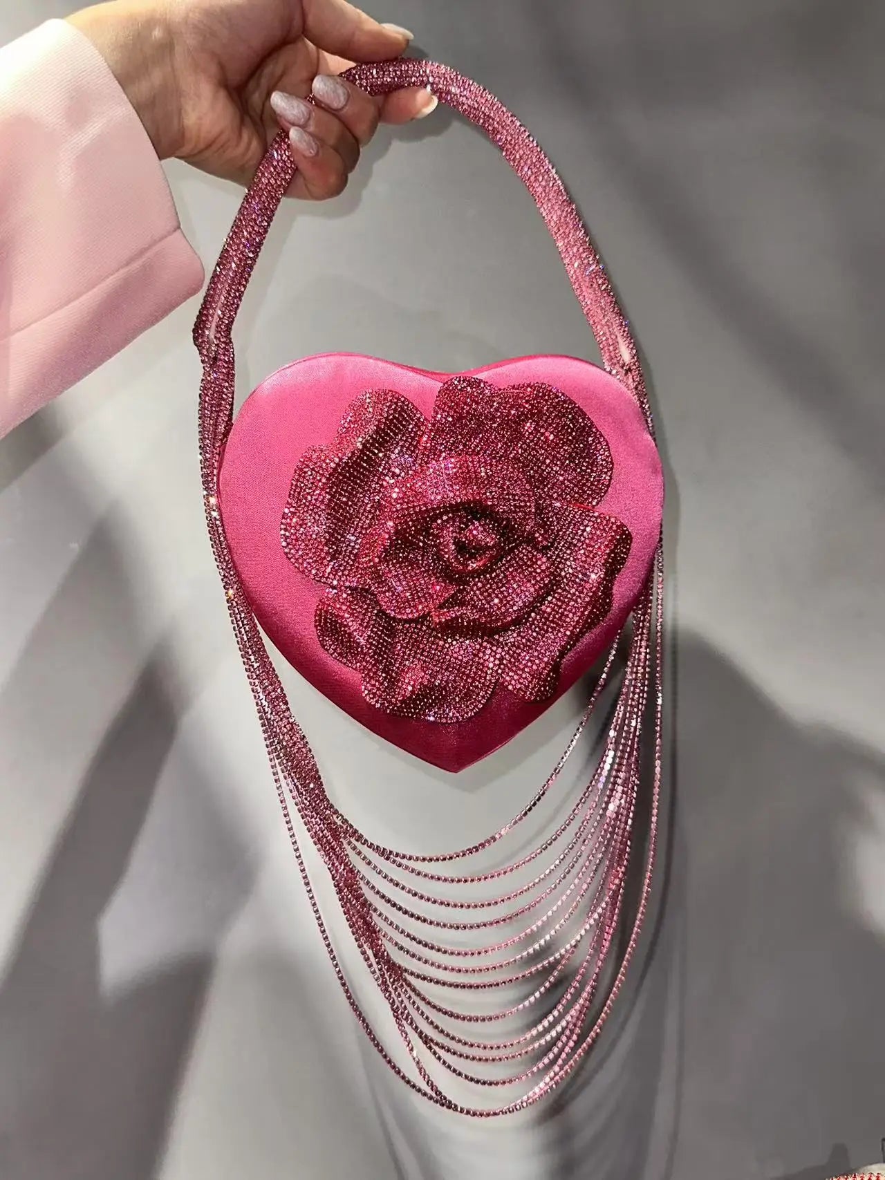 Luxury Glitter Floral Rhinestone Diamond Tassel Evening Bag Heart-Shaped Women's Handbag Wedding Party Clutch Purse Shoulder Bag