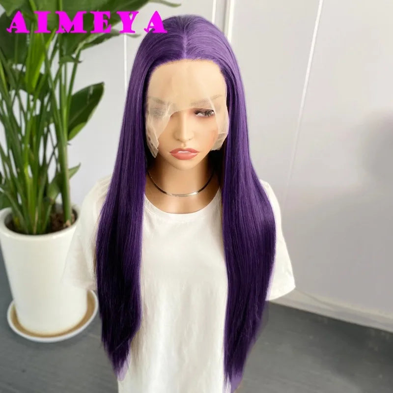 AIMEYA Dark Purple Wig Long Silky Straight Synthetic Lace Front Wig Natural Hairline Daily Wear Cosplay Purple Lace Front Wig