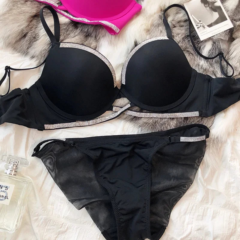2 Pieces Sexy Underwear Set for Women Classic Cross Hollow Bra Sparkle Rhinestones Lingerie Deep V Push Up Brassiere Set
