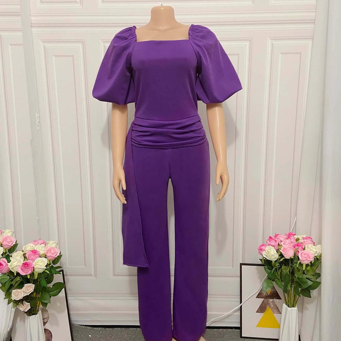 Elegant Jumpsuits for Women Luxury Square Neck Lantern Sleeve Big Swing Straight Female Birthday Party Dinner Outfits Overalls