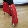 Belt Buckle Front Zipper Fashion Show Short Boots Women's Autumn Winter New Pointed Metal Decoration Red High Heels Ankle Boots