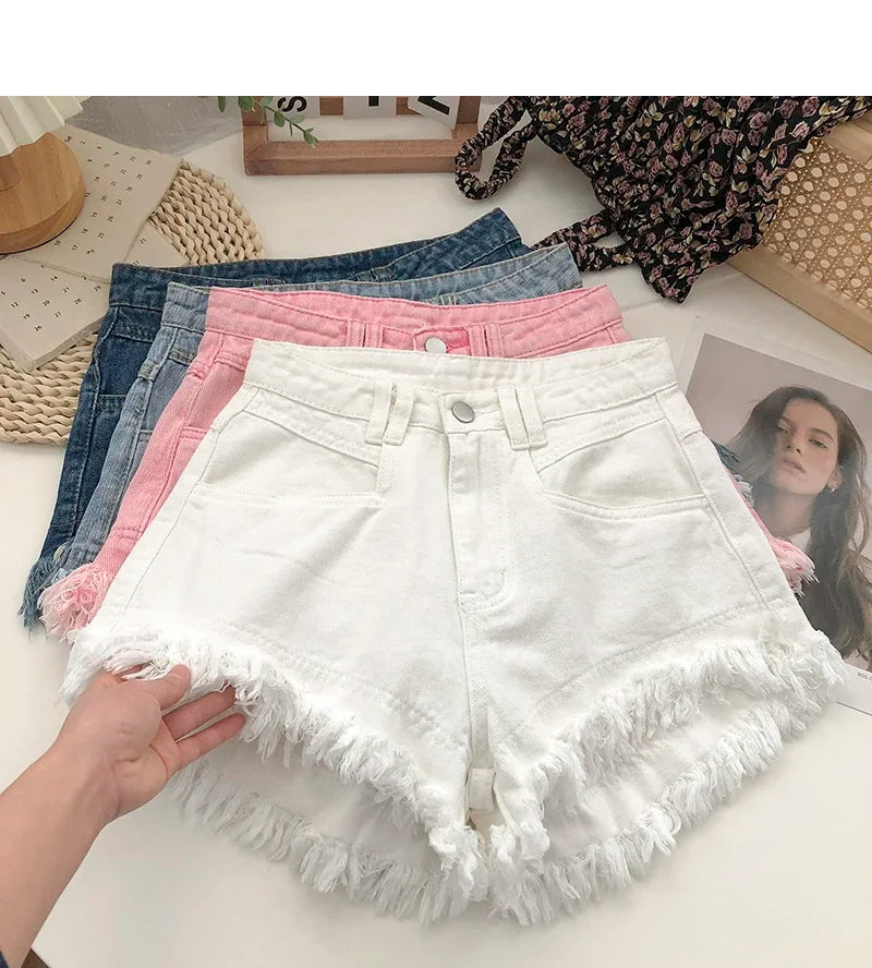 ITOOLIN Women Vintage Tassels Denim Shorts Button Loose High Waist A-line Jean Shorts Casual Women Office Trousers Streetwear