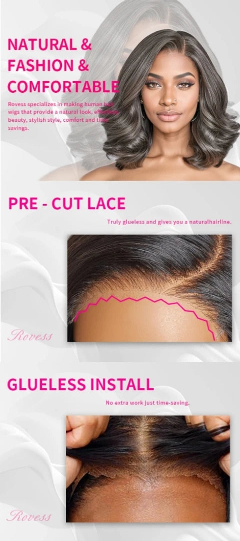 Salt and Pepper Loose Wave Lace Front Bob Wig Human Hair Side Part  5x5 HD Closure Lace Wig Ready To for Black Women