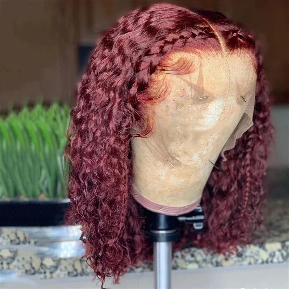 Brazilian Deep Wave 99J Burgundy Lace Front Human Hair Wig 13x4 Deep Curly Short Bob Wigs Human Hair Red Colored Water Wave Wigs