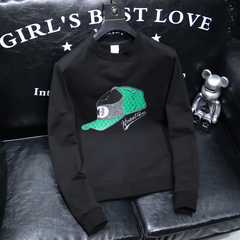 Round Collar Men's Pullover New Male Hoodies Personalized Hat Hot Diamond Print Fashionable Top Youth Bottoming Shirt Clothing