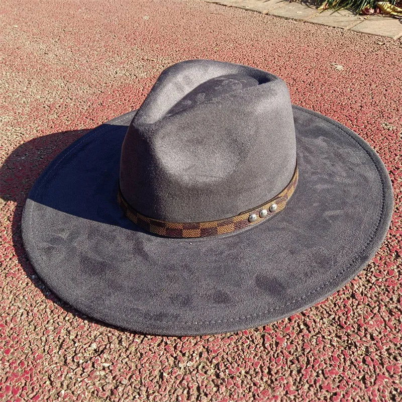 Fedora hat nubuck leather elastic webbing concave top wide brim hat for men and women autumn and winter hat  sombrero hombre