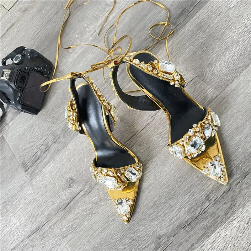 2024 Luxury Rhinestone Pointed Sandals Prom Super High Heel Sandals Slim Heel Dress Show Sandals Oversized 34-43 Women's Shoes