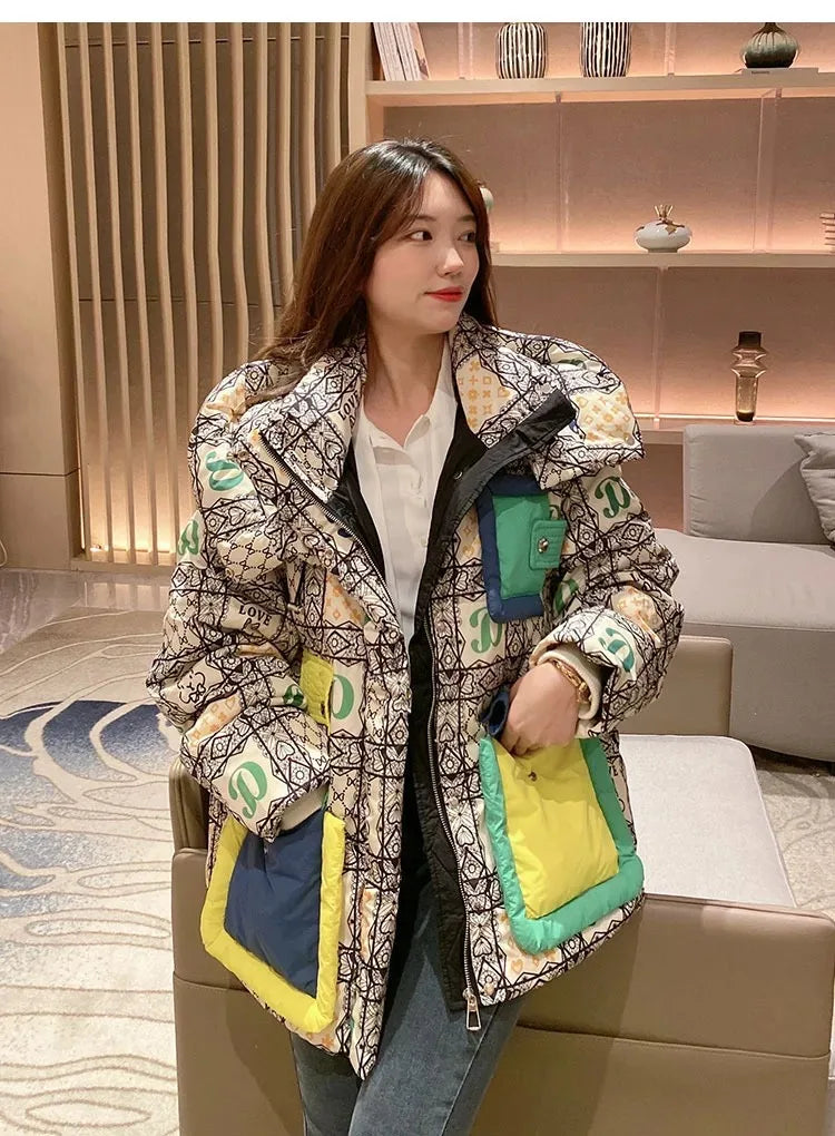 2023 European Station Winter New Down Jacket Women's Warm Fashion Short Color Patchwork Graffiti thick White Duck Down Coa