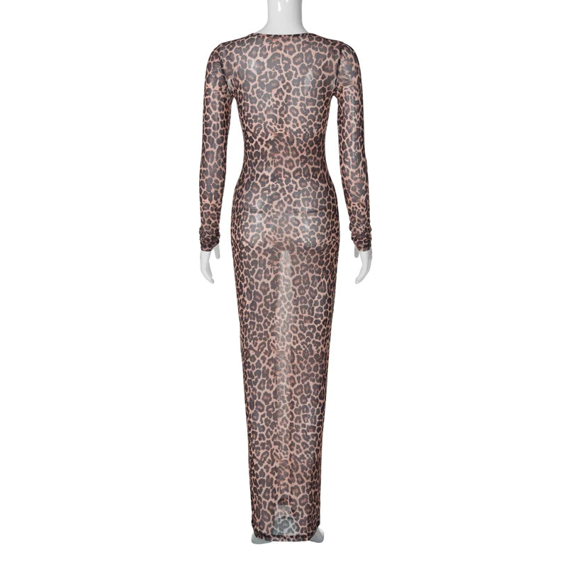 Dress Summer Women Leopard Print Mesh O Neck Long Sleeve Sexy See Through Maxi  Fashion Outfits Beach Vacation Nightclub