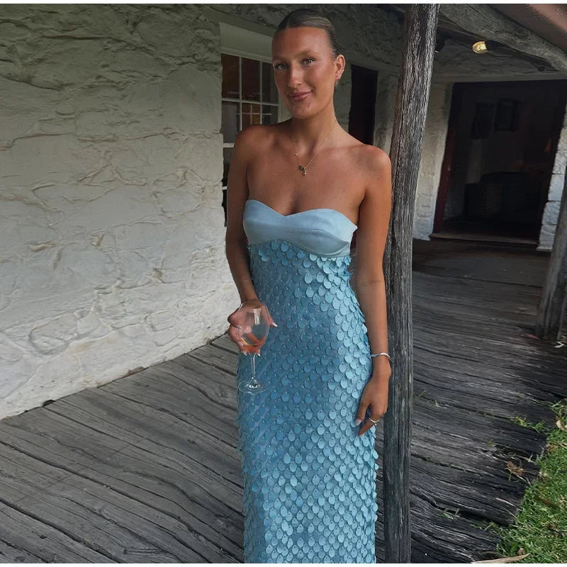 Sexy Stain Long Dress Women Patchwork Solid Tube Top Sleeveless Party Dresses 2025 Summer Lady Slim Vacation Backless Robes
