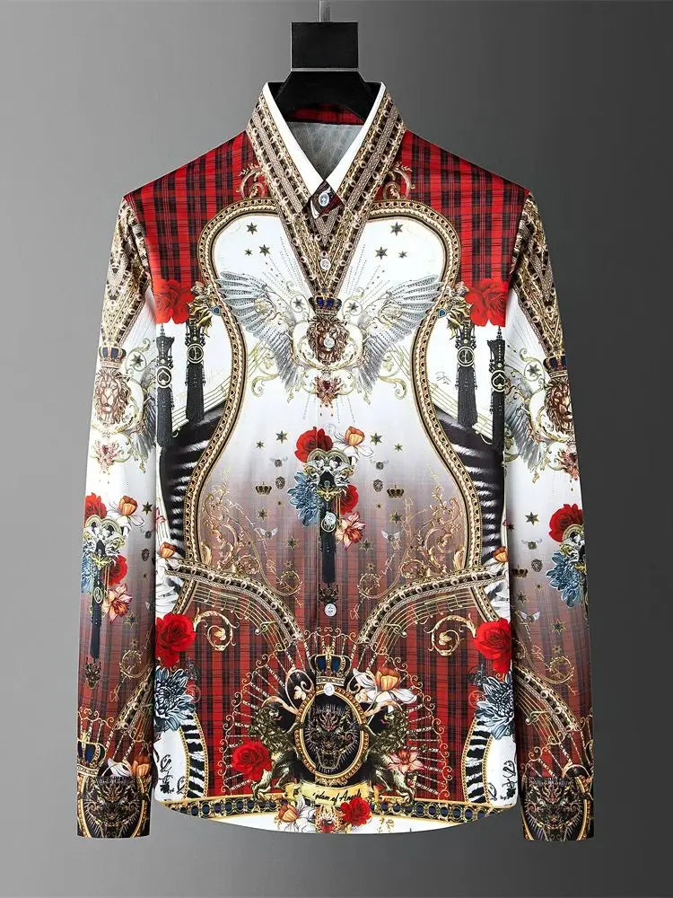 Fashion Men's Luxury Retro Print Shirt Crown Diamond Casual Social Shirt Long Sleeve Slim Fit Business Party Dress Shirt XS-6XL