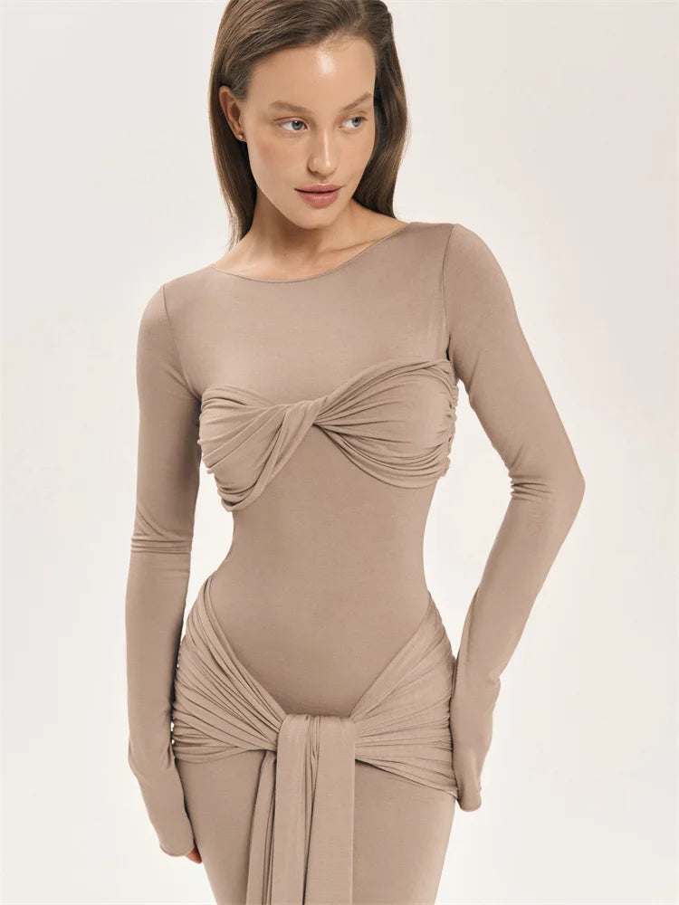 Tossy Female Pleated Sexy Maxi Dress Patchwork Twist Slim Long Sleeve Solid Y2k Autumn Streetwear Dress Women's Bodycon Dress
