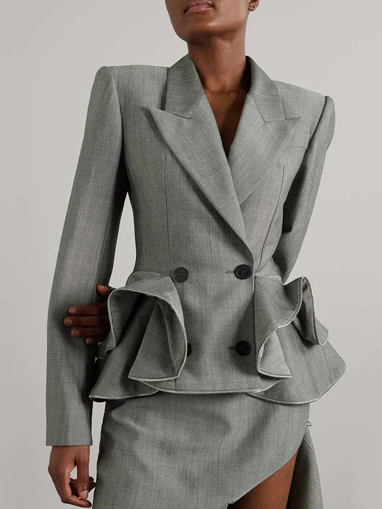 TWOTWINSTYLE Solid Spliced Ruffles Blazers For Women Notched Collar Long Sleeve Patchwork Button Casual Blazer Female Clothing