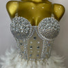 Stock 2025 Women Sexy Sparkly Rhinestone Mesh Feather Long Dress Elegant Evening Party Celebrate Birthday Performance Costume