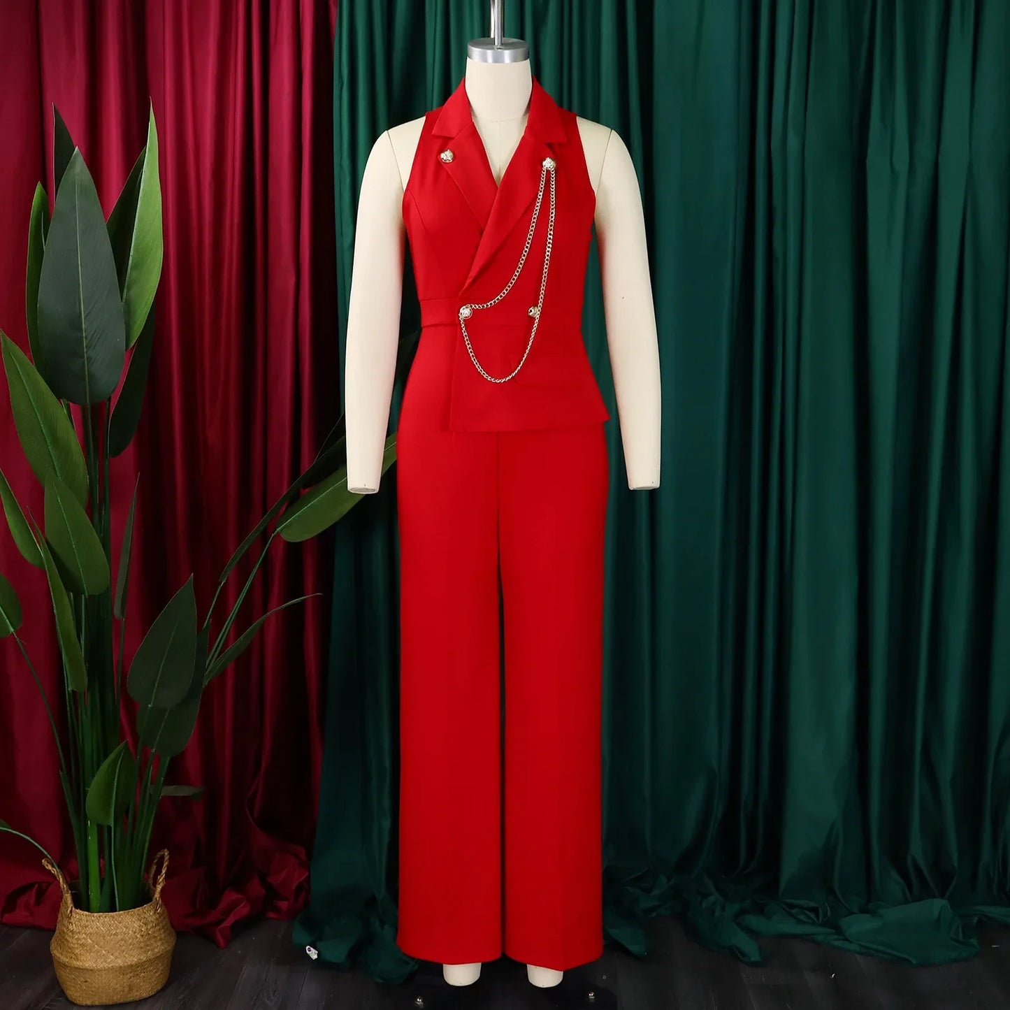 C8604 Foreign Trade Women's Fashionable Sexy Chain Collar Wide Leg African Jumpsuit Casual Style Long Dress For Ladies