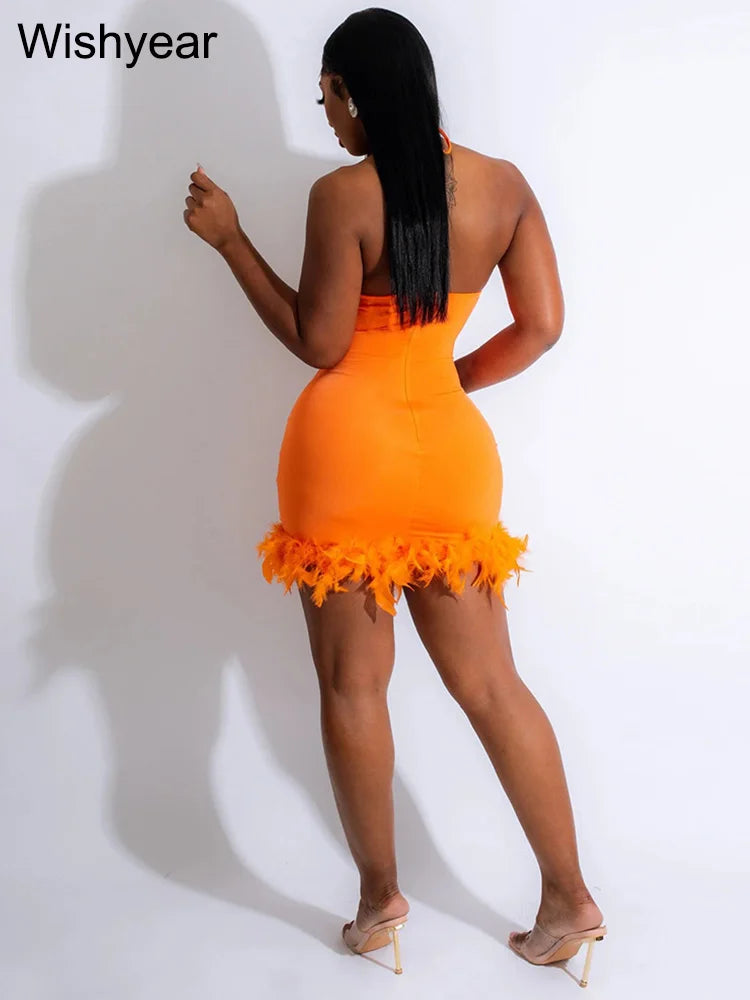 Elegant Luxury Sequins See Through Feather Mini Dress Celebrity Halter Backless Women‘s Sexy Birthday Party Nightclub Vestidos