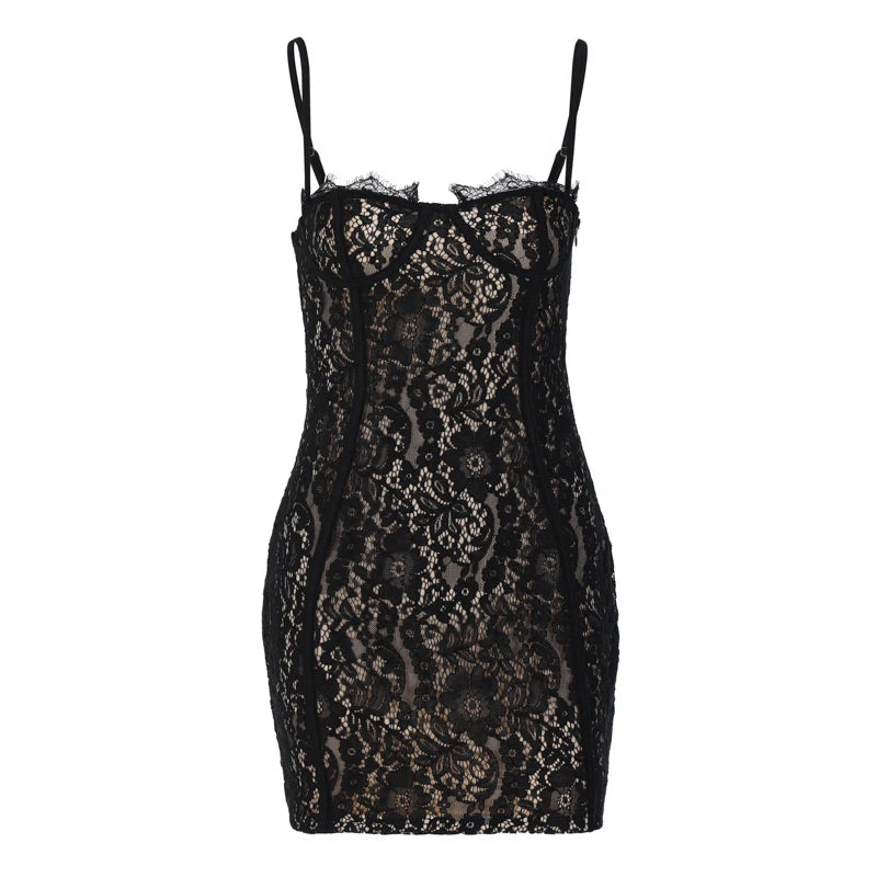 Dulzura Strap Lace  Mini Dress Patchwork Bodycon Party Elegant Club Outfits Y2K Clothes 2023 Summer Women Clothes Drop Shipping