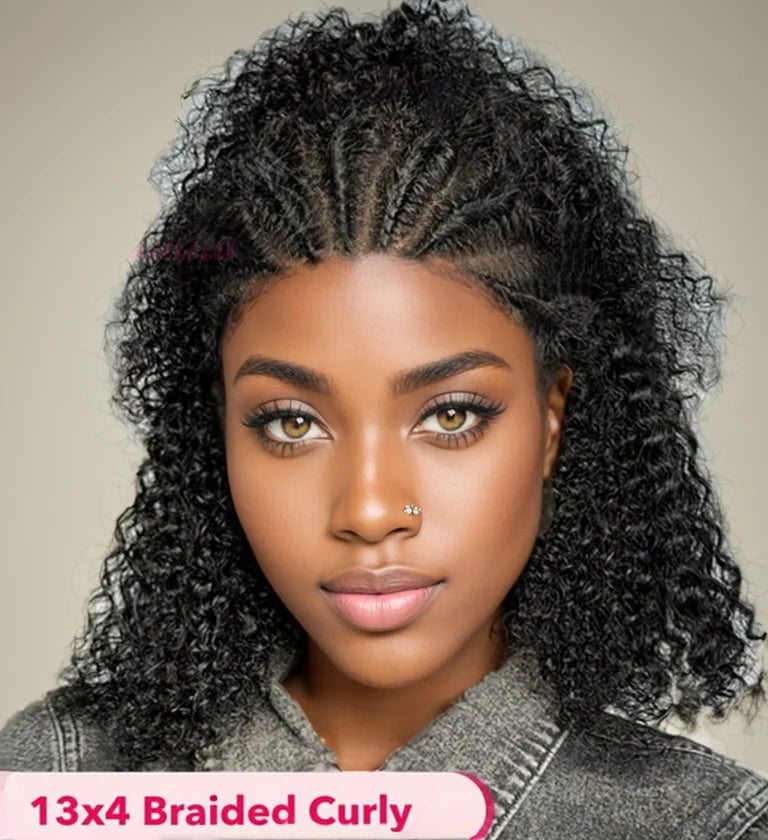 Braided Wigs 100% Human Hair 13X4 Lace Front Wig Braided Wigs With Baby Hair Wigs For Women Kinky Curly Hair Wigs Curly Bob Wig