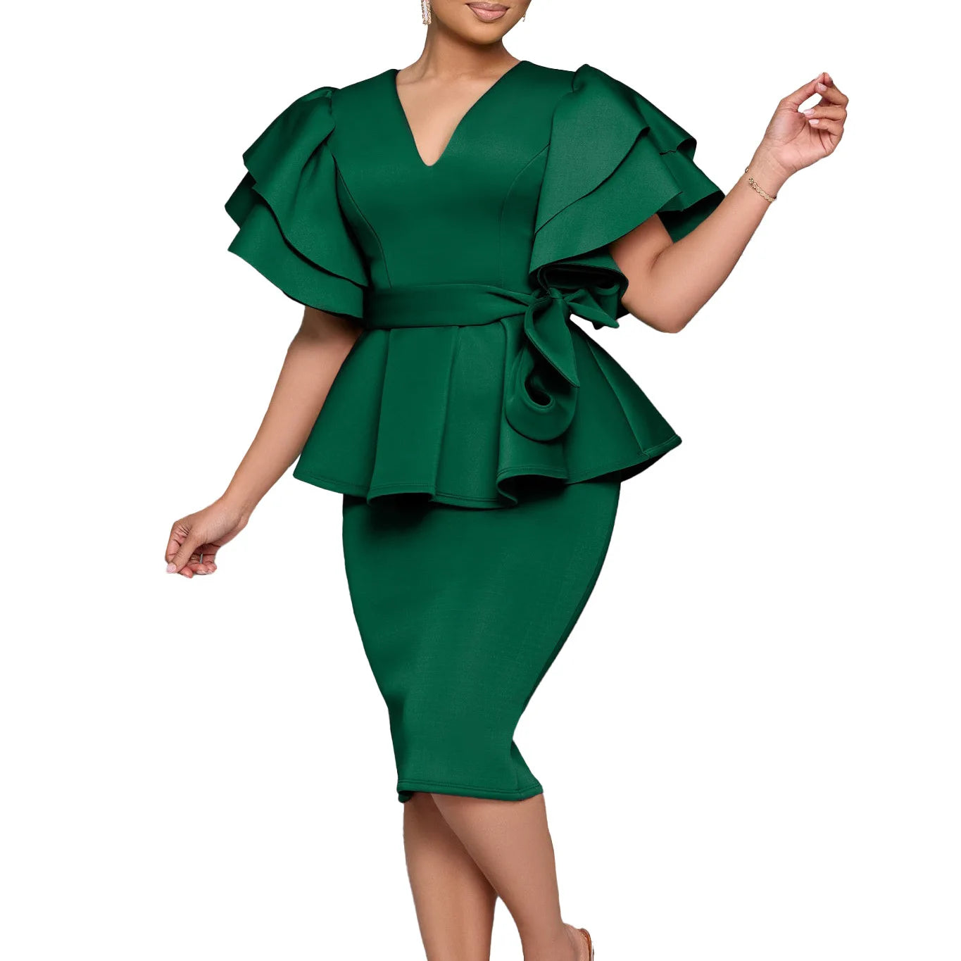 CM.YAYA Women Short Sleeve V-neck Belt High Waist Midi Dress 2025 Summer Africa OL Work Evening Sexy Party Dresses Vestidos