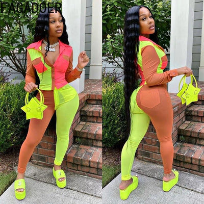 FAGADOER Neon Color Patchwork Two Piece Set Women Button Up Full Sleeve Top And Leggings Outfits Autumn Club Birthday Tracksuits