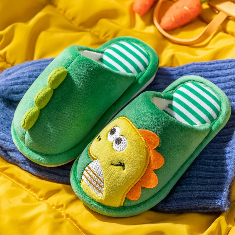 Children Cartoon Dino Fur Slipper Soft Autumn Winter Warm Princess Baby Boys Girl Indoor Home Bedroom Cotton Fleece Fur Shoes