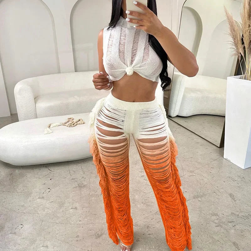 Gradient Color Crochet Two Piece Set for Women Summer Beach Crop Top and Wide Leg Pants Tassel Hollow Out Hole Vacation Outfits