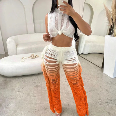 Gradient Color Crochet Two Piece Set for Women Summer Beach Crop Top and Wide Leg Pants Tassel Hollow Out Hole Vacation Outfits