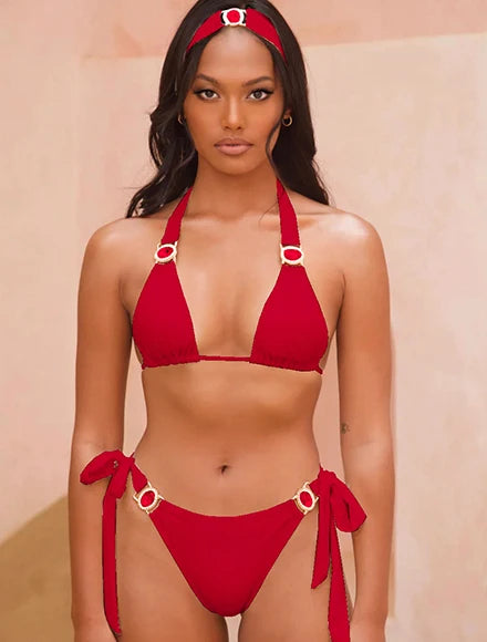 2025 New Sexy Burgundy Bikini Set with Gold Detail- Bandeau Top with High-Cut Bottoms, Perfect for Summer Beach and Pool Parties