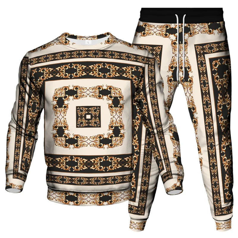 Vinatge Luxury Baroque Style Clothing Suit Men Jogging Pant Sweatshirt 2 Piece Set New Women Fashion Streetwear Tracksuit Set