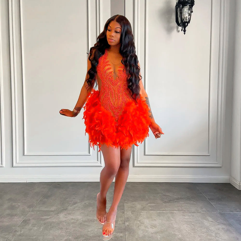 Luxury Sheer Neckline Women Cocktail Dress Pink Feather Black Girl Short Prom Dresses 2026 For Birthday Party