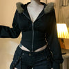 BIIKPIIK Fur Collar Hooded Women Coats Casual Zipper Slim Hoodies Simple All-match Black Harajuku Coat Autumn Winter Sweatshirts